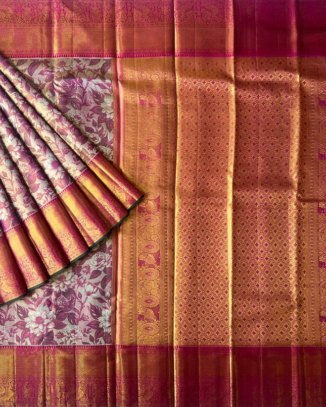 Pure kanchi Tissue saree Floral Weaving and Gold Kaddi Border - Pink