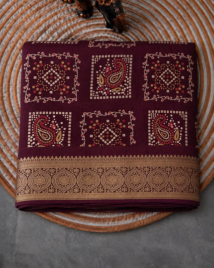 Tusser Silk Saree With Bhandni Print and Golden Border - Wine