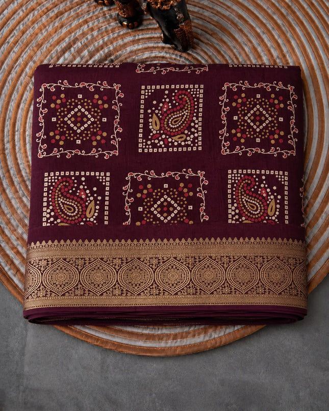 Tusser Silk Saree With Bhandni Print and Golden Border - Wine
