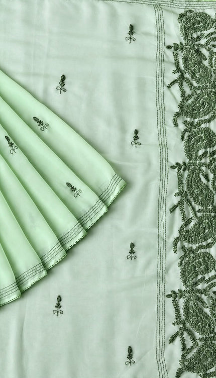 Georgette Saree With All over Kantha Work and Lace Border -  Pista Green