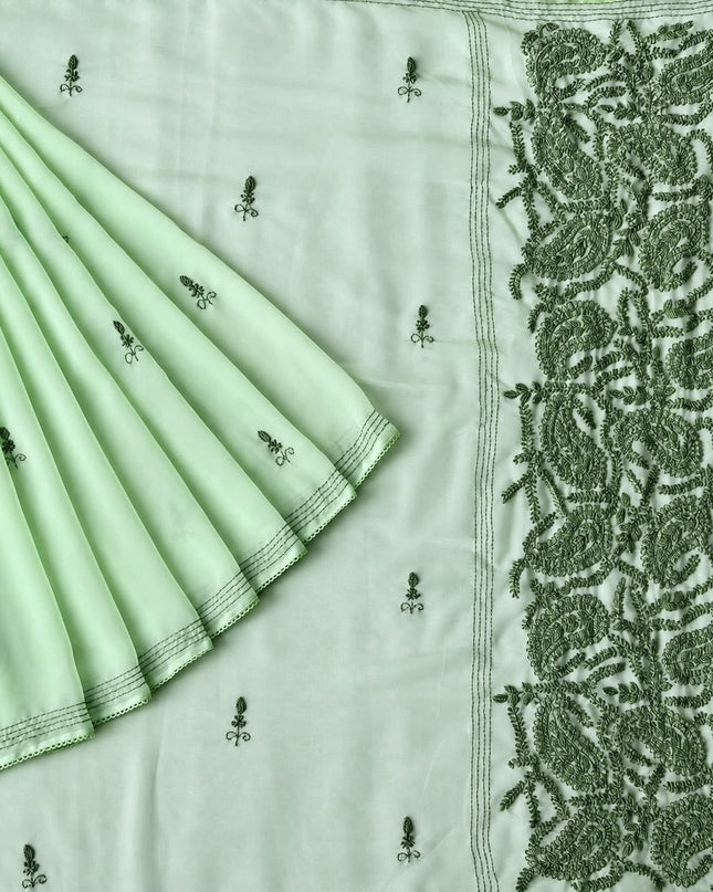 Georgette Saree With All over Kantha Work and Lace Border -  Pista Green