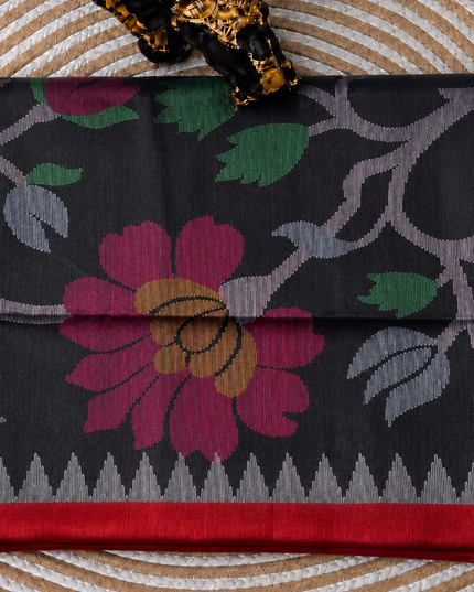Tusser Jamdani Saree Weaving Butties  With Contrast Border- Black