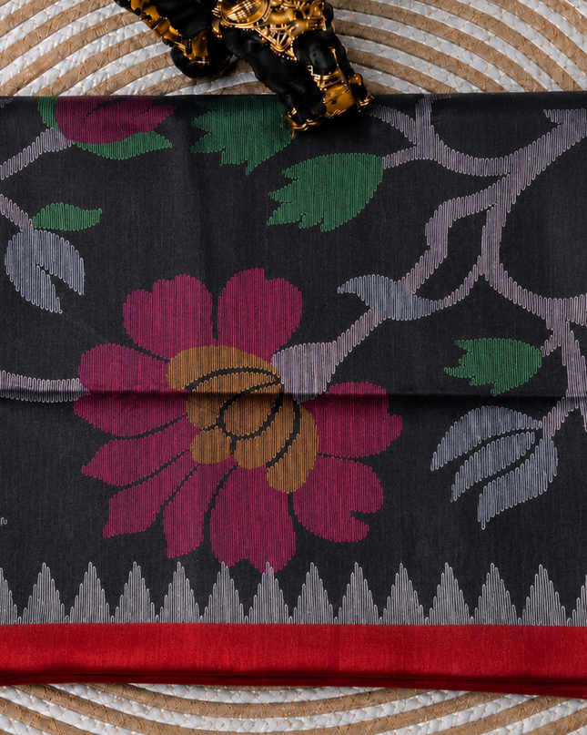 Tusser Jamdani Saree Weaving Butties  With Contrast Border- Black