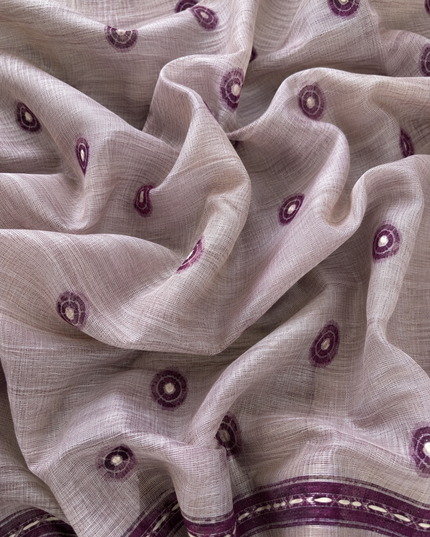 Linen Saree with Floral Print French Knot Work and Kantha Work - Beige & Purple