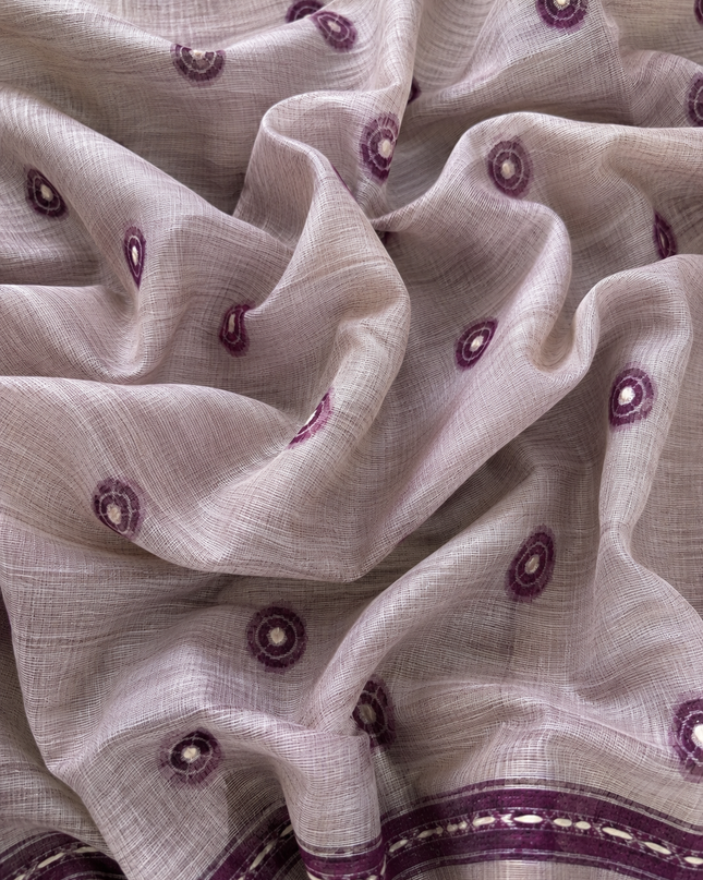 Linen Saree with Floral Print French Knot Work and Kantha Work - Beige & Purple