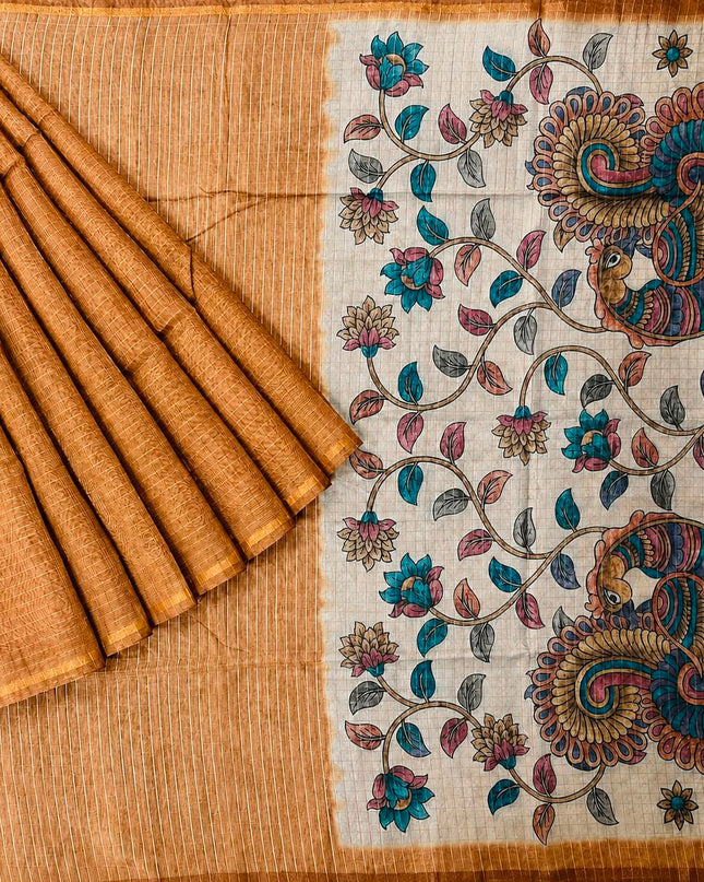 Tusser Silk Saree With All over Golden Checks Design and Kalamkari Pallu - Mustard