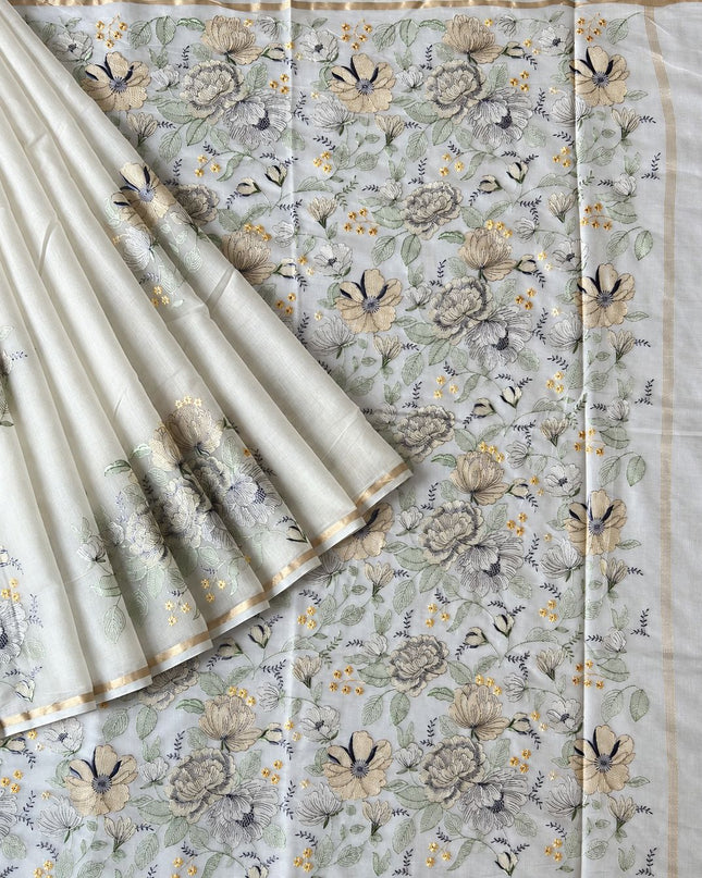Mul  chanderi saree with thread embroidery Work and Small Border -  Off White