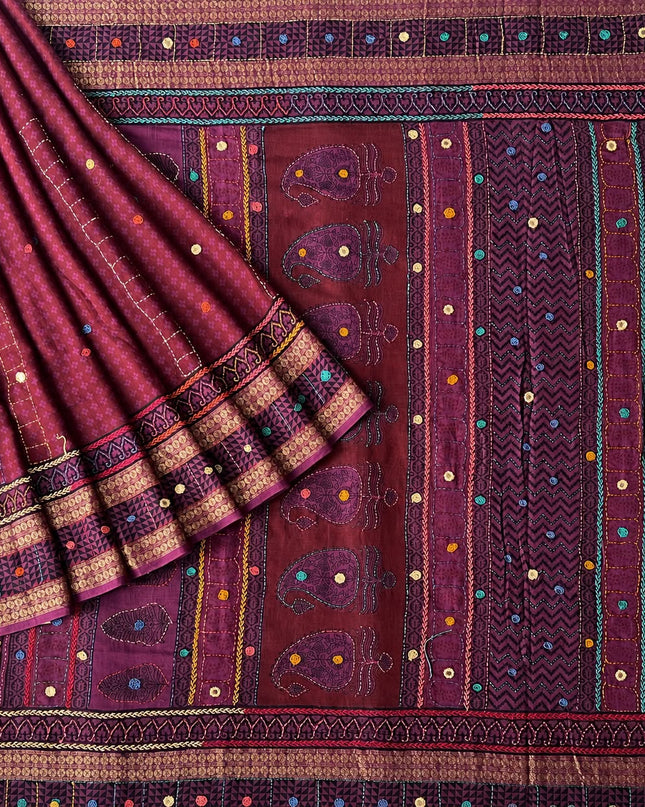 Cotton Saree With Kantha Work and Mirror work