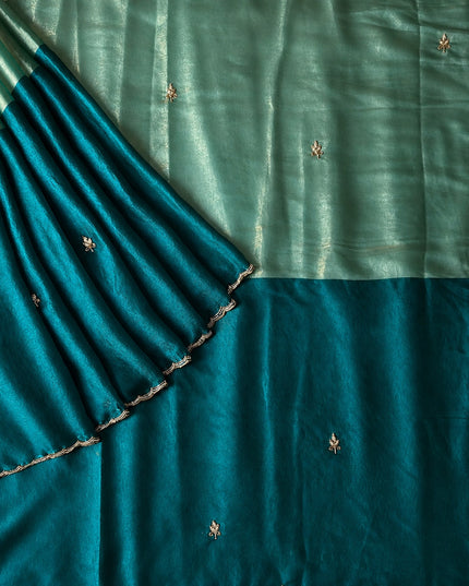 Space silk saree with Allover Karahan Butties Pearl Work and Scallop Border   - Green