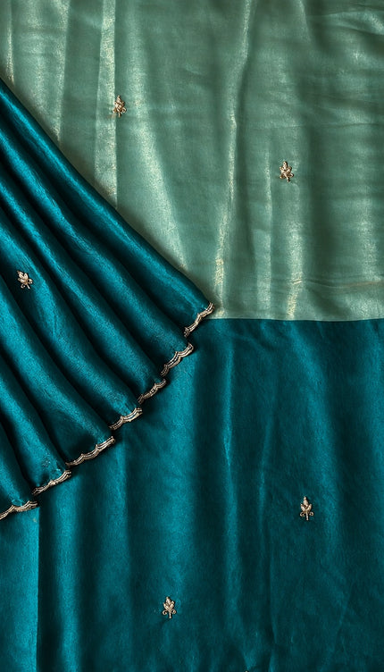 Space silk saree with Allover Karahan Butties Pearl Work and Scallop Border   - Green