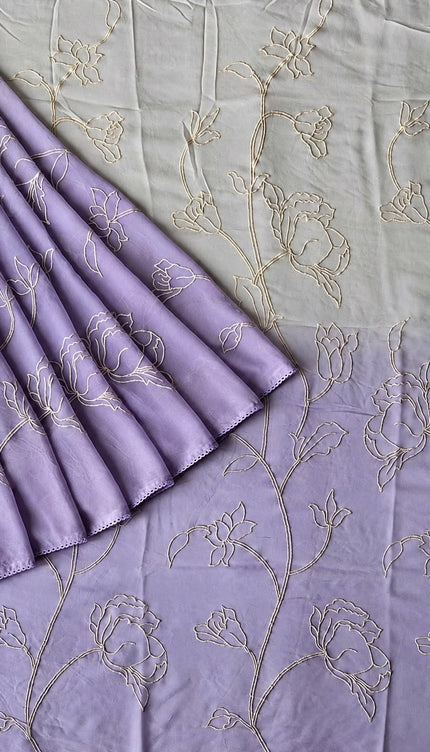 Georgette Saree With All over Thread Work And Lace Border - Cream & Lavender