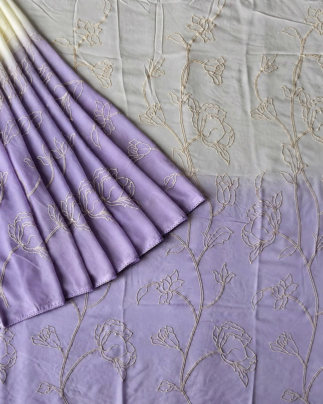 Georgette Saree With All over Thread Work And Lace Border - Cream & Lavender