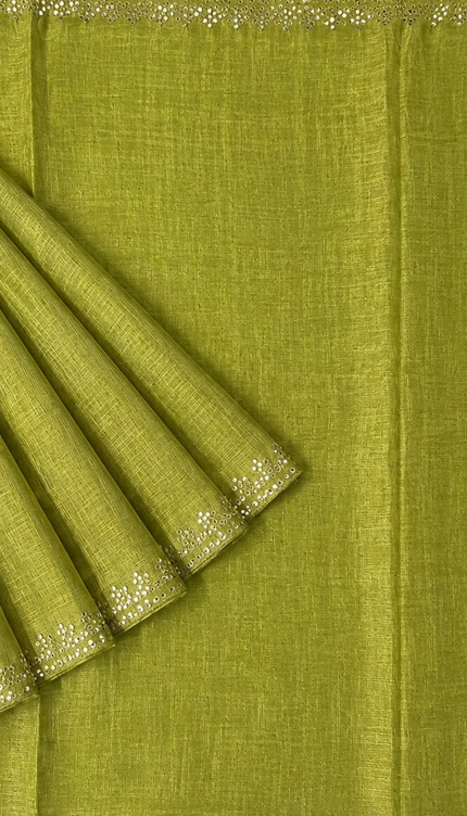 Tissue Linen Saree with Mirror Work Border- Green