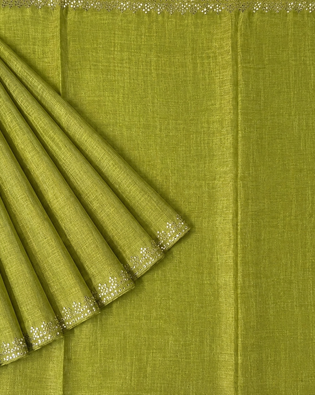 Tissue Linen Saree with Mirror Work Border- Green