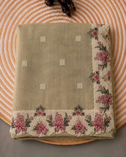 Linen Tissue Saree with square boxes Butties and Cross stich Scallop Border - Gold