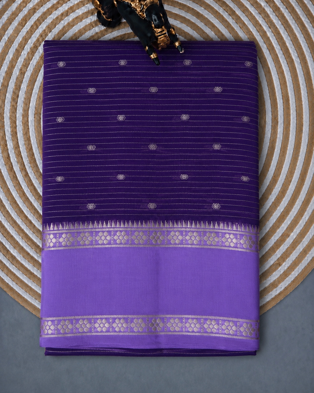 Munga Silk Saree With All over Oosi Design and Small Gold Butties  Contrast Border- Violet & Lavender