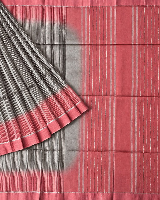 Chanderi Saree with Self Weaving  Lines contrast Border - Grey & Pink