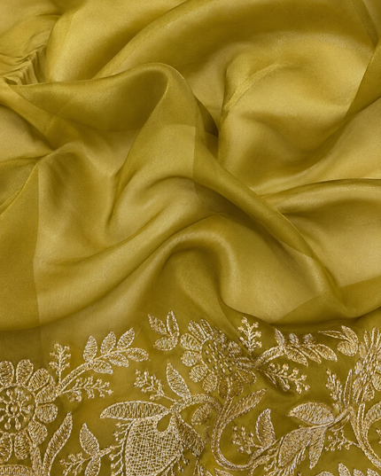 Soft Organza  Saree with Thread Work  and Scallop Border - Mehandi Green