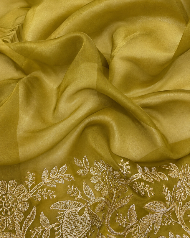Soft Organza  Saree with Thread Work  and Scallop Border - Mehandi Green