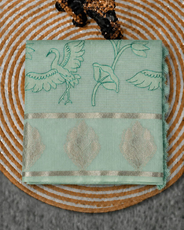 Kora Kota Saree with Applique work and Gap Border -  Sage Green