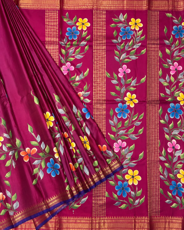 Pure Silk Saree With All Over Hand painting and Golden Zari weaving Temple Design  Border - Light Pink