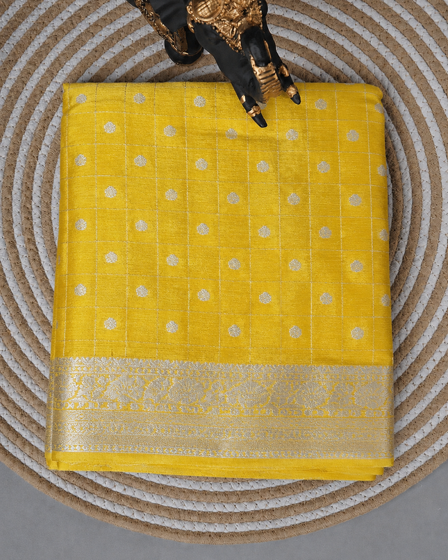 Chinon Silk Saree  with Golden Zari  Weaving Checks Design With Small Butties  Contrast Golden Zari Border -Mustard