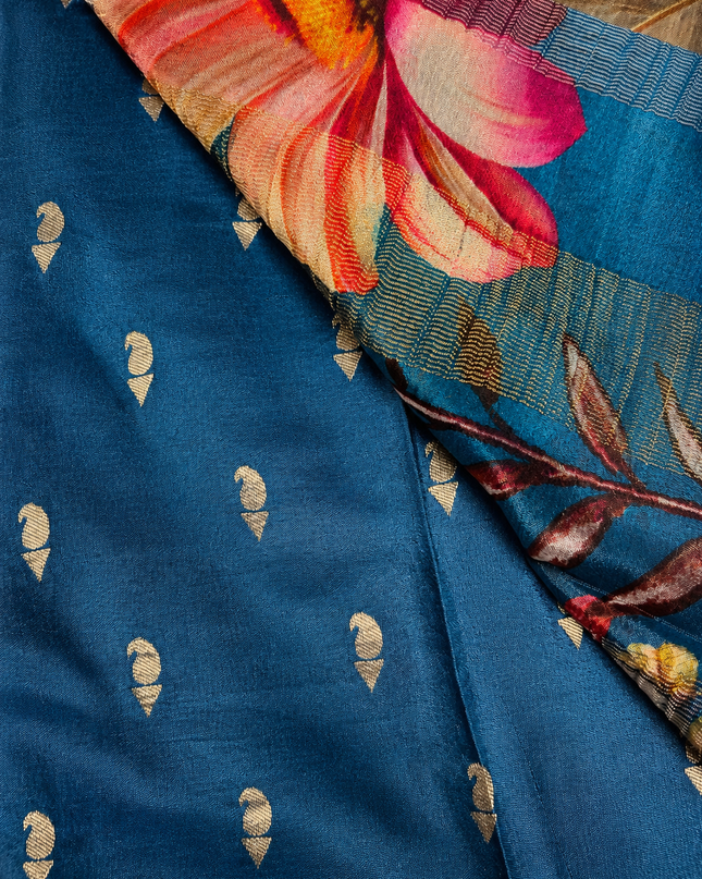 Crepe Silk Saree with  Floral Print with Contrast  Border - Grey & Blue