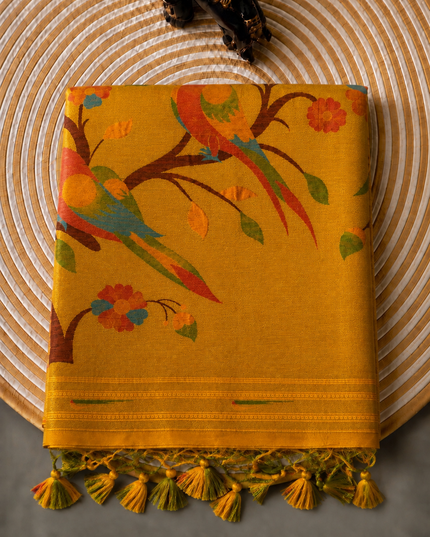 Chanderi  Saree with All over Golden Butties and muniya Border - Mustard