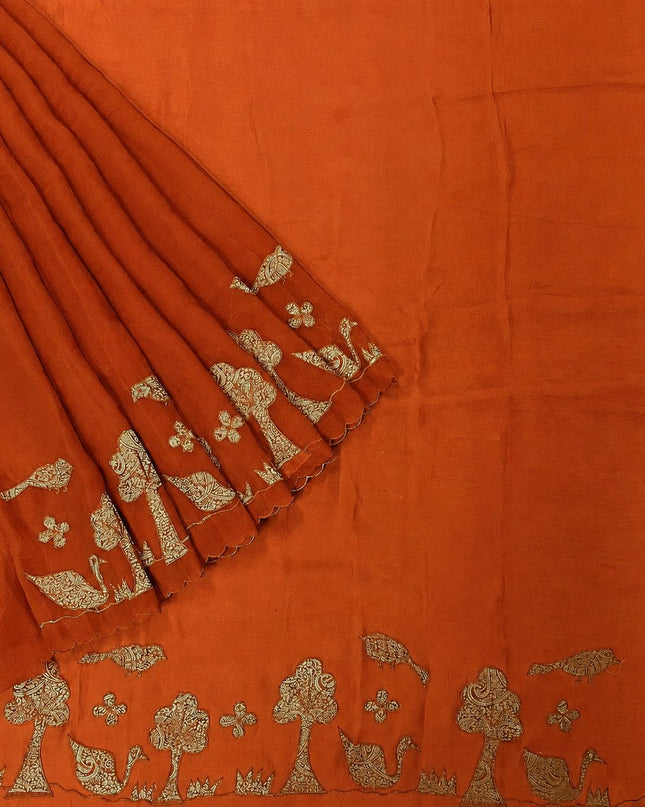 Soft Orznga Saree with Applique work with Scallop Border -Rust