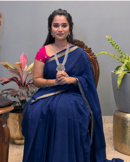 Crepe Saree with Golden Zari contrast Border - Navy Blue