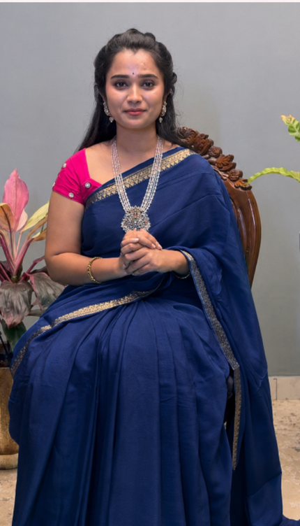 Crepe Saree with Golden Zari contrast Border - Navy Blue