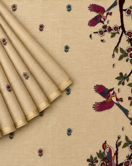 Cotton Chanderi Jamdani Saree withfloral Print Golden Border - Beige