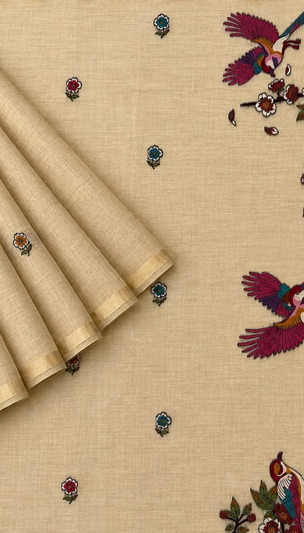 Cotton Chanderi Jamdani Saree withfloral Print Golden Border - Beige