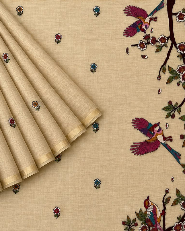 Cotton Chanderi Jamdani Saree withfloral Print Golden Border - Beige