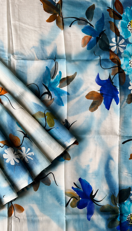 Pure Tusser  Silk Saree With All Over Hand Painting -  Light Blue