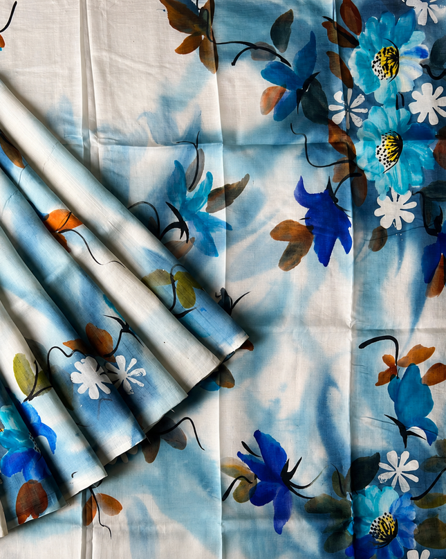 Pure Tusser  Silk Saree With All Over Hand Painting -  Light Blue