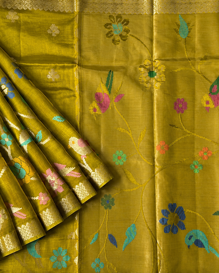 Chanderi  Silk Saree with All over Jamdani weaving style and golden Zari border - Mehandi Green