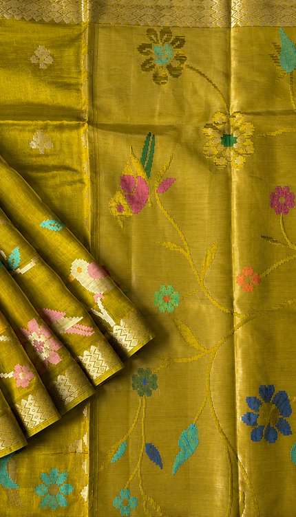 Chanderi  Silk Saree with All over Jamdani weaving style and golden Zari border - Mehandi Green