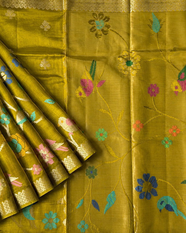 Chanderi  Silk Saree with All over Jamdani weaving style and golden Zari border - Mehandi Green