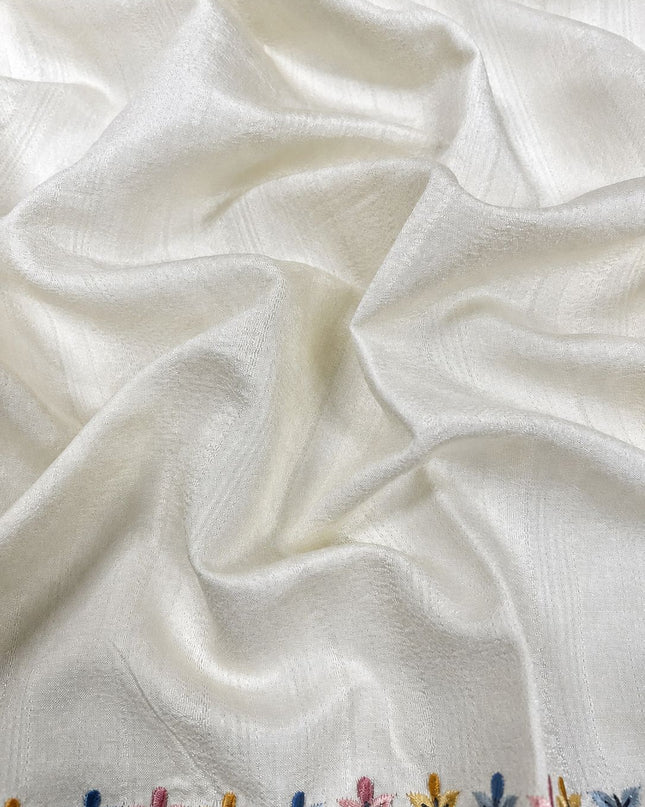 Tusser Saree With Thread Embroidery  Buttes and Scallop Border - Off White