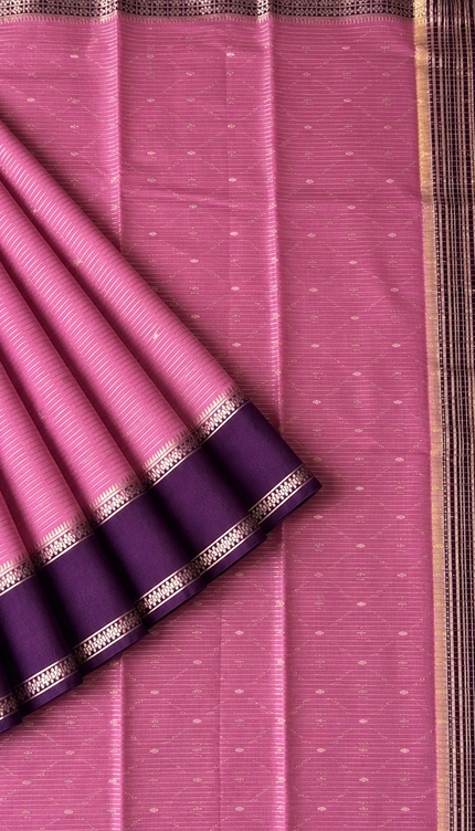 Munga Silk Saree With All over Oosi Design and Small Gold Butties  Contrast Border-  Onion Pink