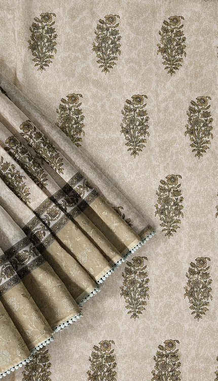 Silk Kota Saree with Floral Print and Thread Embroidery work Border with Lace - Tan