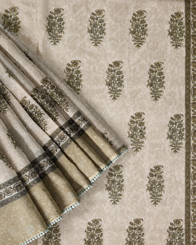 Silk Kota Saree with Floral Print and Thread Embroidery work Border with Lace - Tan