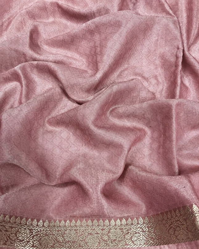 Mul Tissue Saree With Floral Print Small Kanchi Border- White & Pink