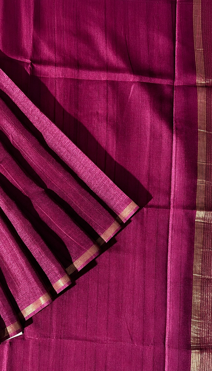 Tusser Silk Saree with Weaving Thread Stripes and  Small Golden Zari Border  -  Purple