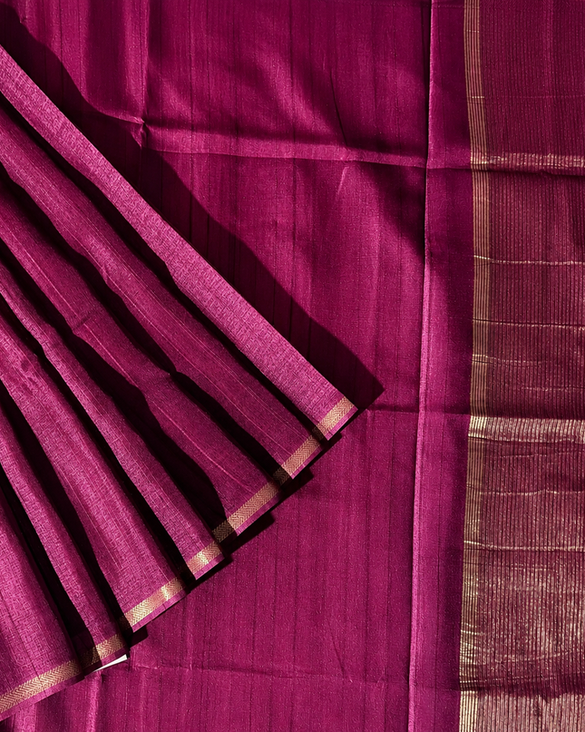 Tusser Silk Saree with Weaving Thread Stripes and  Small Golden Zari Border  -  Purple