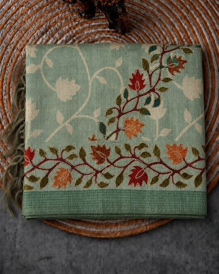 Tusser Silk Saree With Ari work and Floral Print and Contrast  Border - Sea Green