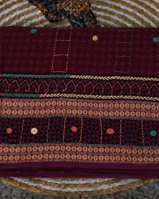 Cotton Saree With Kantha Work and Mirror work