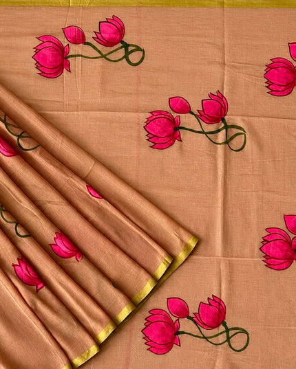 Mul cotton saree with Hand Painting  -  Onion Pink