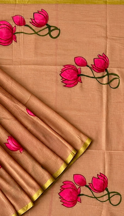 Mul cotton saree with Hand Painting  -  Onion Pink